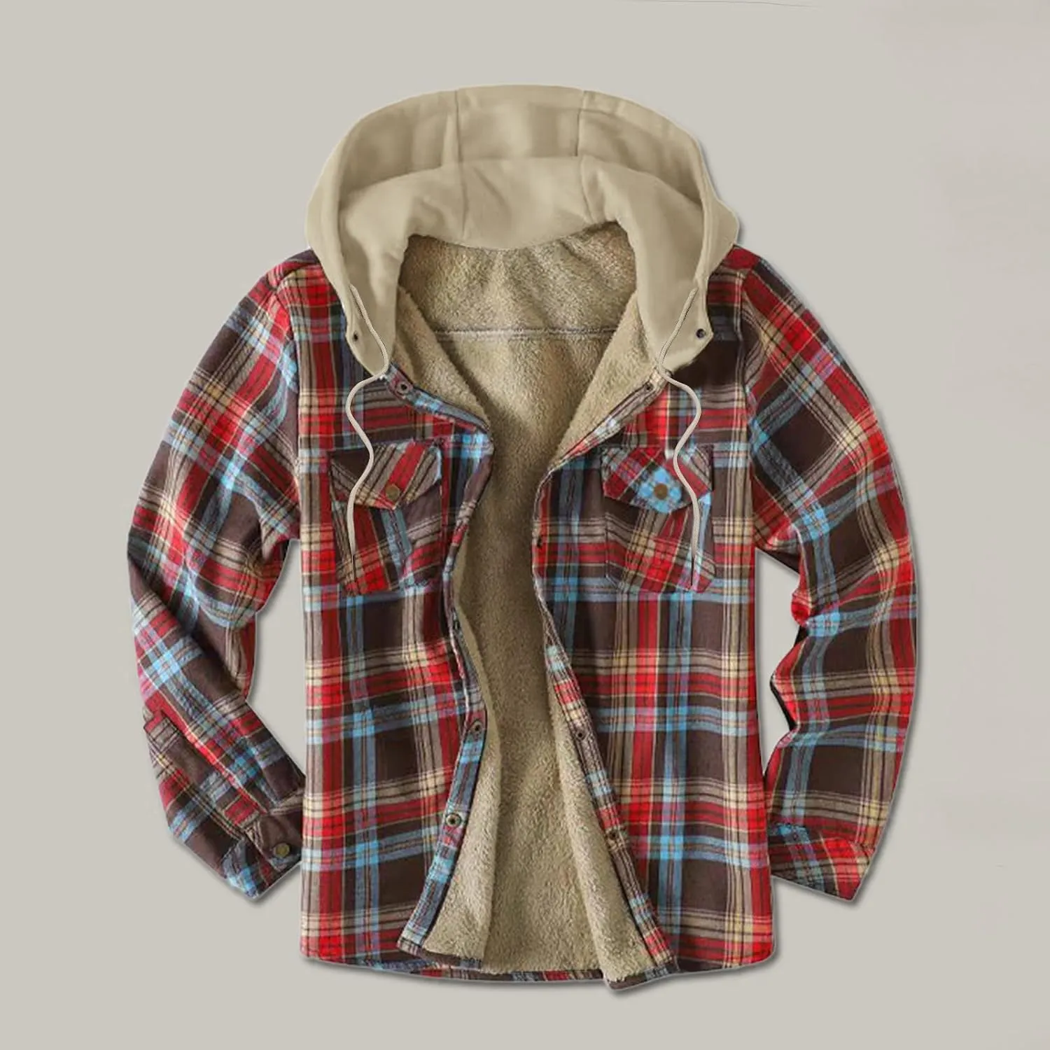 Mens Warm Fleece Sherpa Lined Plaid Flannel Hooded Shirt Jacket Outdoor Casual Thermal Button Up Winter Work Coat
