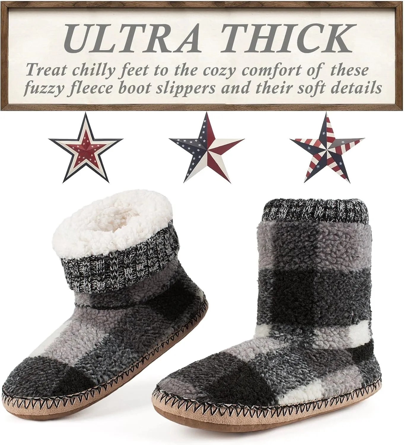 Men's Warm Up House Boots, Thick Fuzzy Sherpa Fleece Winter Moccasin Socks Non-slip Soles, Cozy Soft Comfy Indoor Shoes Rubber Grippers