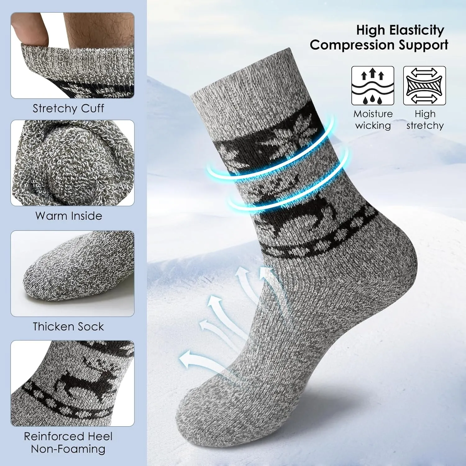 Merino Wool Super Thick Thermal Warm Winter Hiking Boot Socks for Men - Soft Crew Cozy Socks for Cold Weather