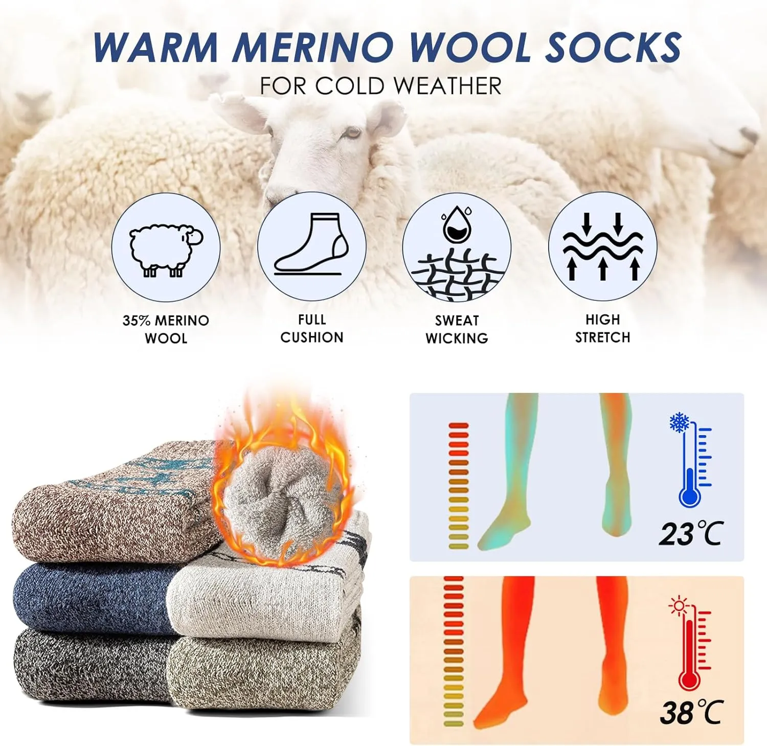 Merino Wool Super Thick Thermal Warm Winter Hiking Boot Socks for Men - Soft Crew Cozy Socks for Cold Weather