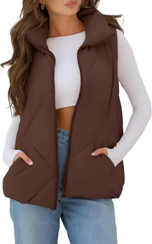 MEROKEETY Womens 2025 Puffer Vest Sleeveless Zip Up Quilted Coat Stand Collar Gilet Jacket With Pockets
