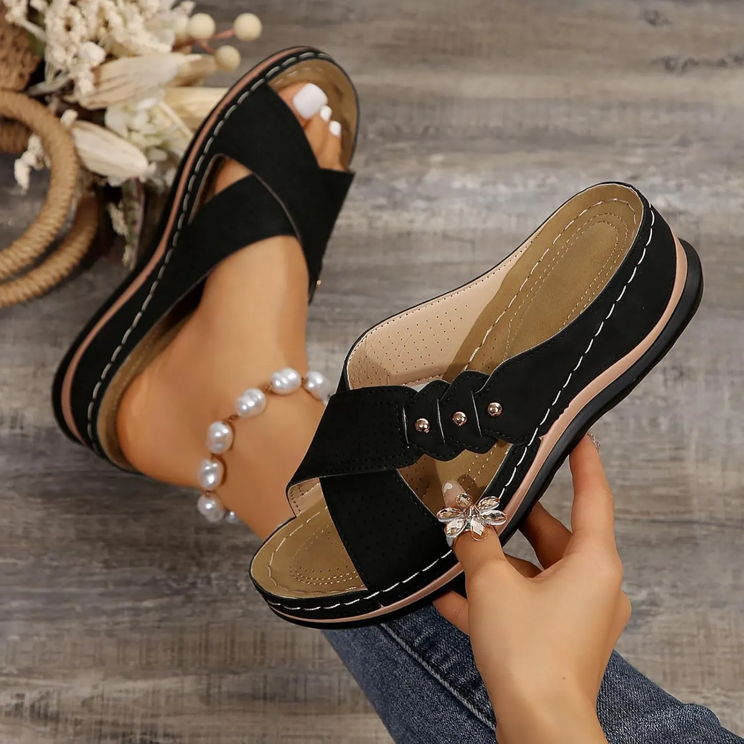 Mesh Breathable Orthopedic Sandals for Women 2025 Cross Strap Dressy Casual Slip on Slides Summer Comfy Wedge Walking Sandals