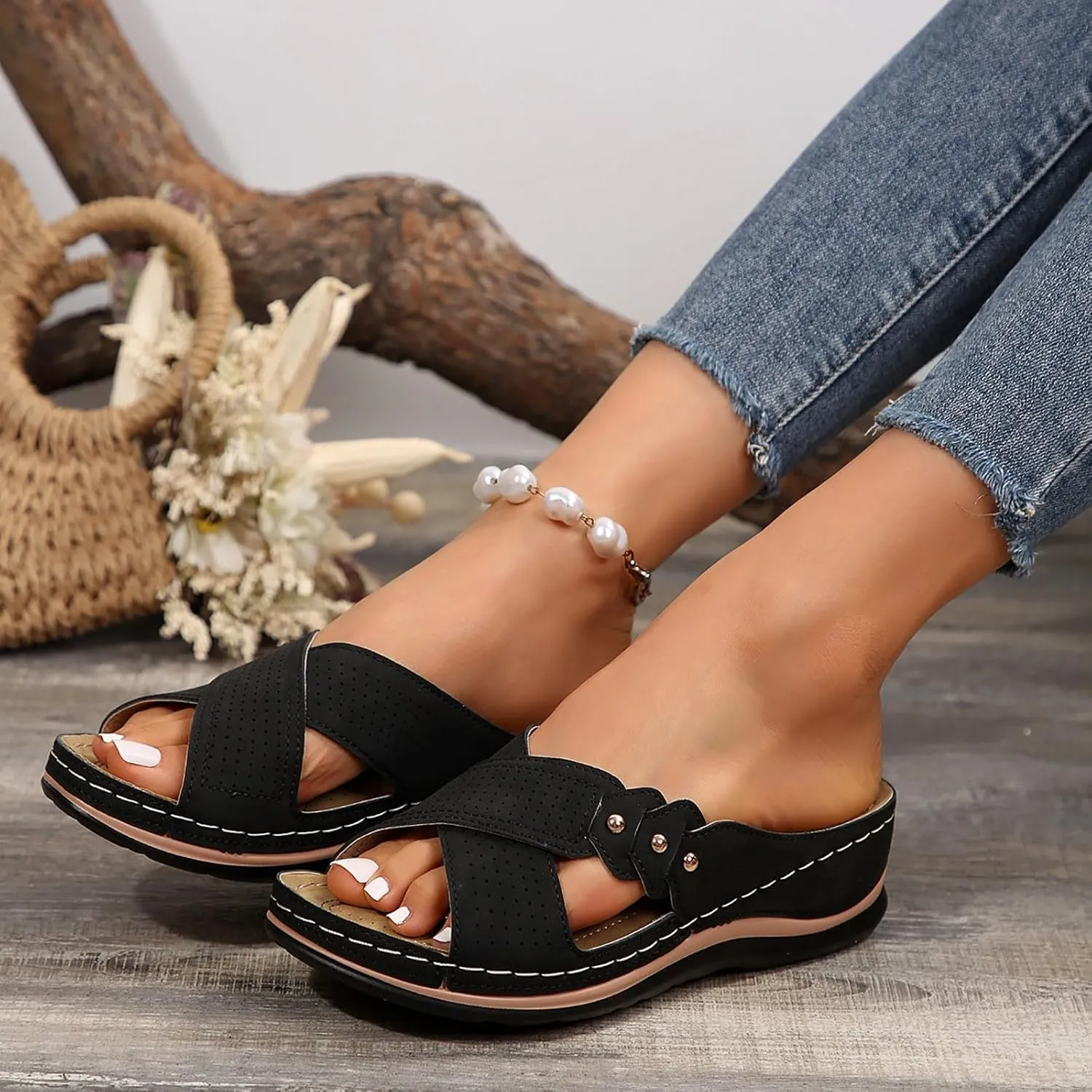 Mesh Breathable Orthopedic Sandals for Women 2025 Cross Strap Dressy Casual Slip on Slides Summer Comfy Wedge Walking Sandals