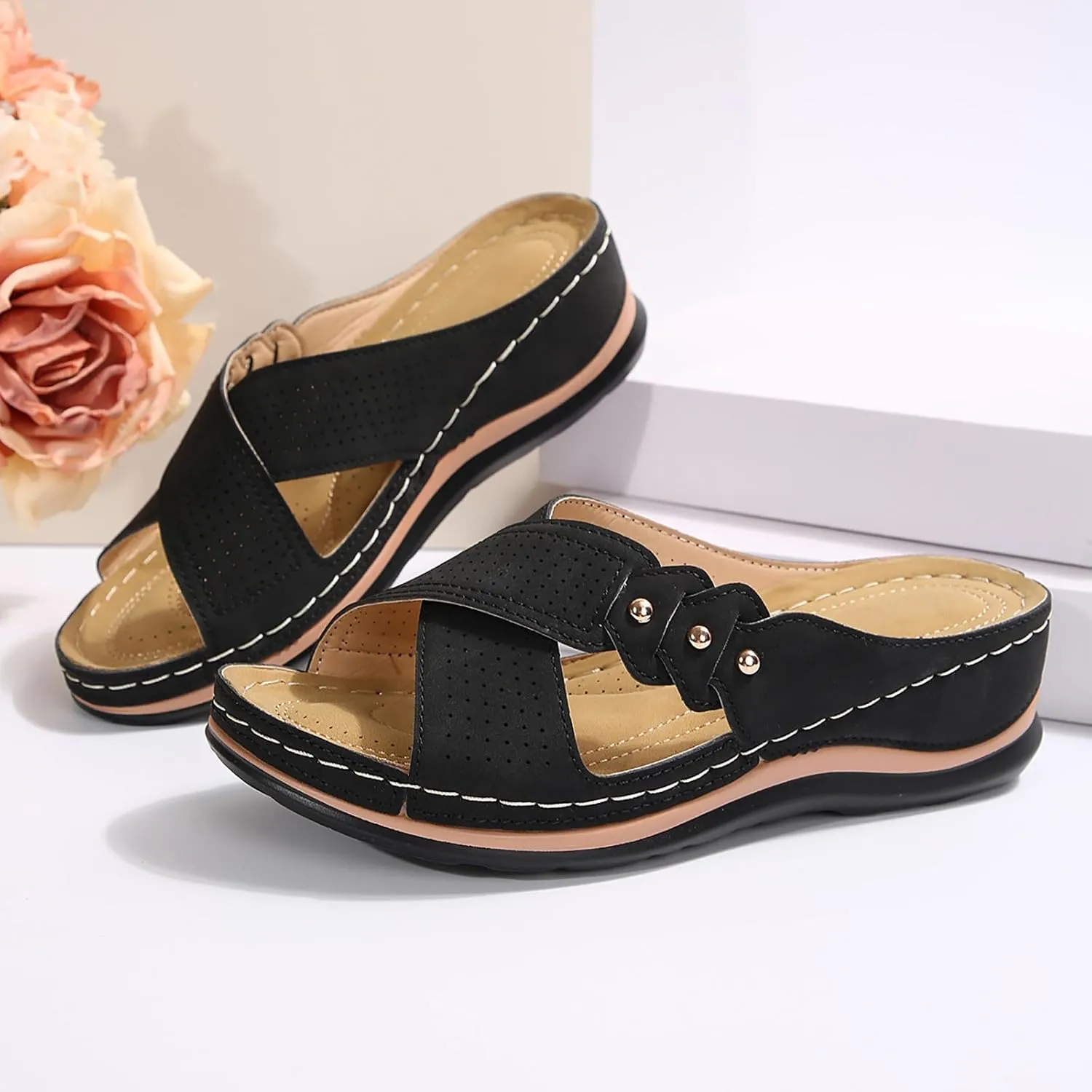 Mesh Breathable Orthopedic Sandals for Women 2025 Cross Strap Dressy Casual Slip on Slides Summer Comfy Wedge Walking Sandals