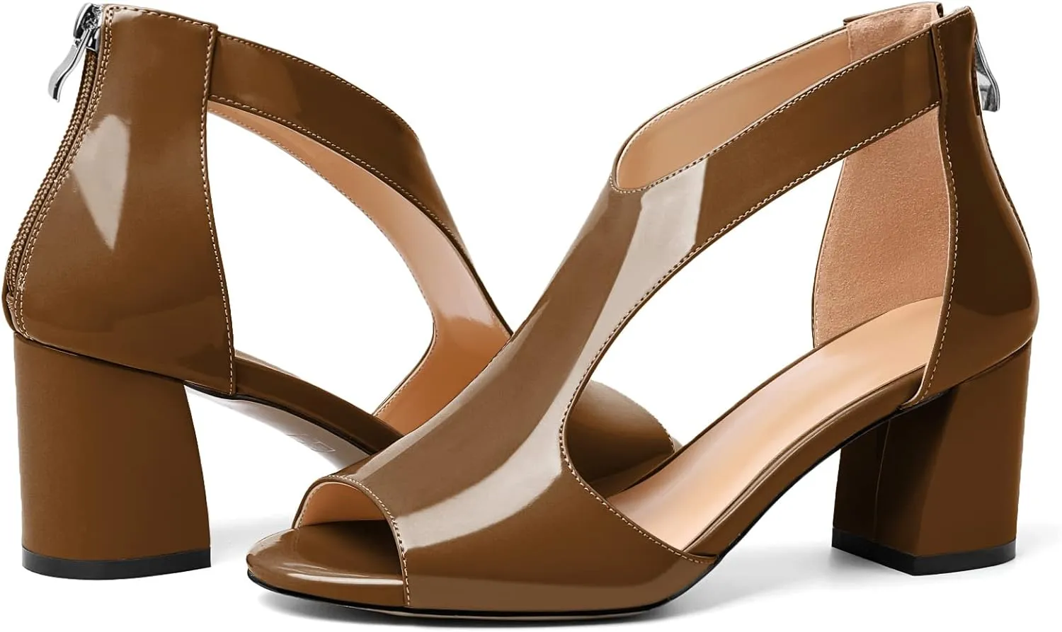 Mettesally Women's Peep Toe Sandals Block Chunky High Heels Hollow Out Heeled Wedding Party Back Zip Sandals Shoes