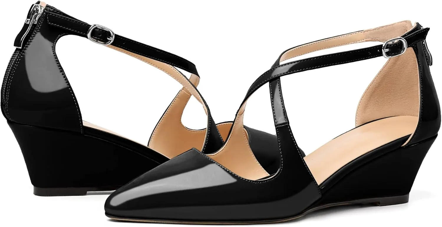 Mettesally Women's Wedges Heels Criss Cross Heeled Sandals Pointed Toe Ankle Strap Heel Pumps Fashion Dress Shoes