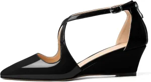 Mettesally Women's Wedges Heels Criss Cross Heeled Sandals Pointed Toe Ankle Strap Heel Pumps Fashion Dress Shoes