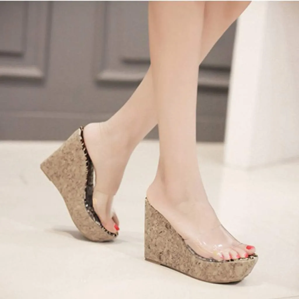 MIOKE Women's Clear Cork Wedge High Heel Sandals Platform Open Toe Slip On Comfort Casual Slide Sandal
