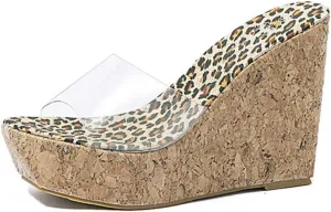 MIOKE Women's Clear Cork Wedge High Heel Sandals Platform Open Toe Slip On Comfort Casual Slide Sandal