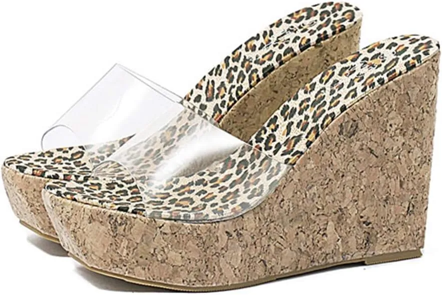 MIOKE Women's Clear Cork Wedge High Heel Sandals Platform Open Toe Slip On Comfort Casual Slide Sandal
