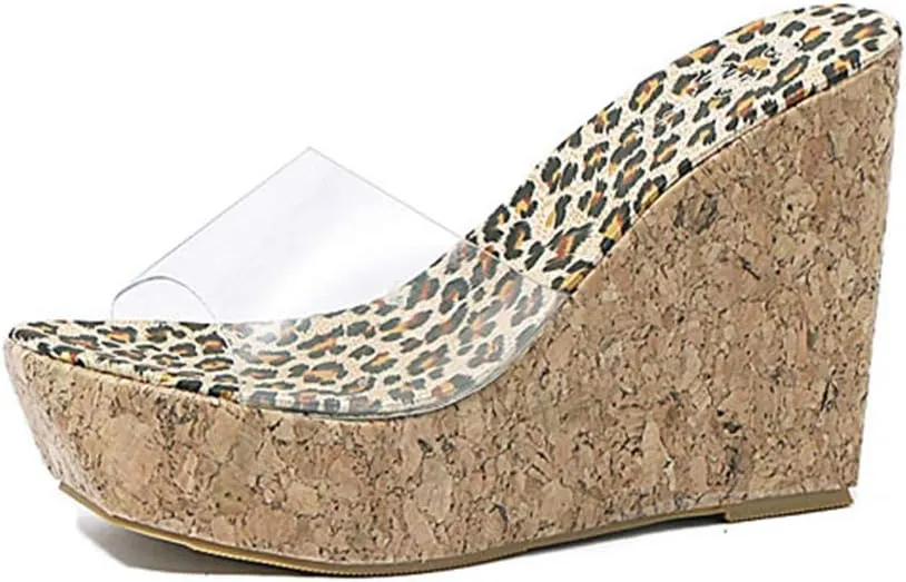MIOKE Women's Clear Cork Wedge High Heel Sandals Platform Open Toe Slip On Comfort Casual Slide Sandal