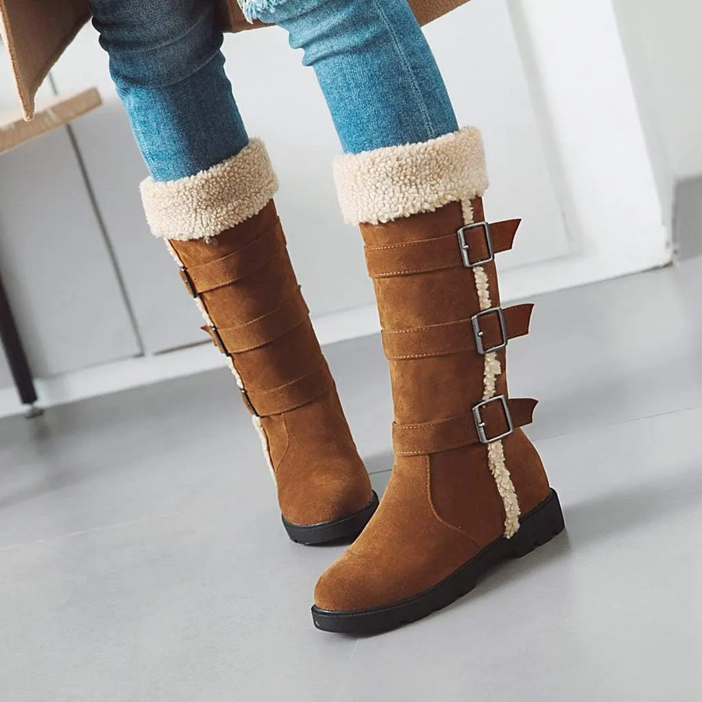 MIOKE Women's Winter Fur Mid Calf Snow Boots Waterproof Suede Buckle Quilted Slip On Wide Warm Snow Boot