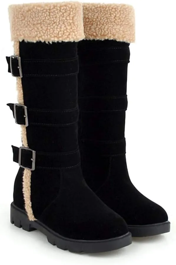 MIOKE Women's Winter Fur Mid Calf Snow Boots Waterproof Suede Buckle Quilted Slip On Wide Warm Snow Boot