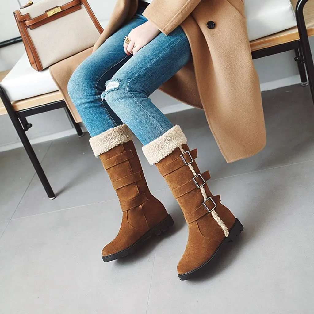 MIOKE Women's Winter Fur Mid Calf Snow Boots Waterproof Suede Buckle Quilted Slip On Wide Warm Snow Boot