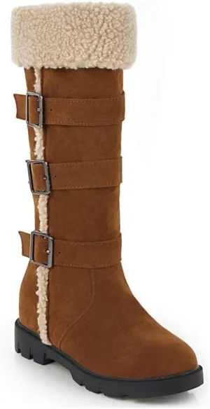 MIOKE Women's Winter Fur Mid Calf Snow Boots Waterproof Suede Buckle Quilted Slip On Wide Warm Snow Boot