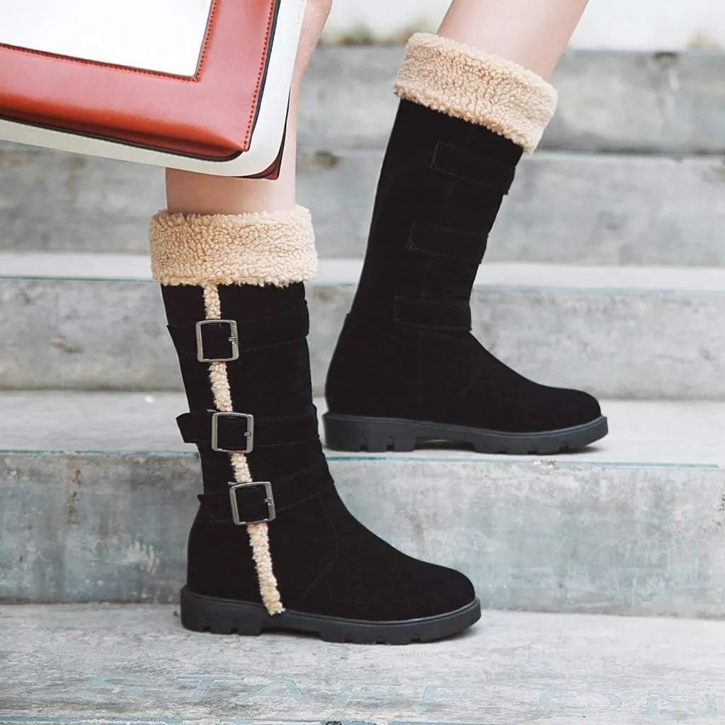 MIOKE Women's Winter Fur Mid Calf Snow Boots Waterproof Suede Buckle Quilted Slip On Wide Warm Snow Boot