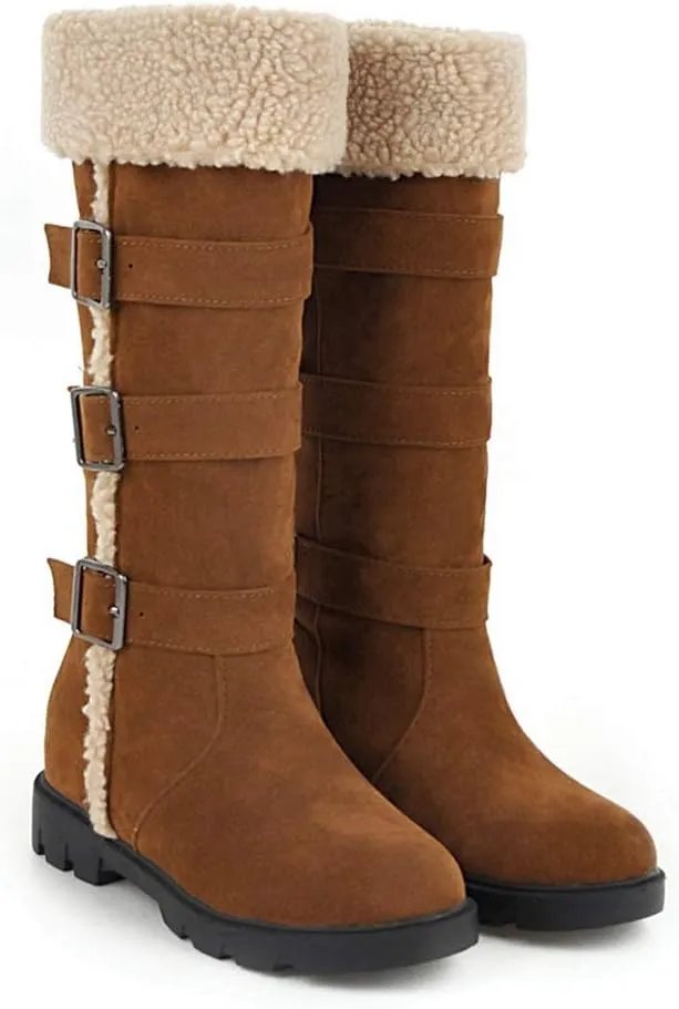 MIOKE Women's Winter Fur Mid Calf Snow Boots Waterproof Suede Buckle Quilted Slip On Wide Warm Snow Boot