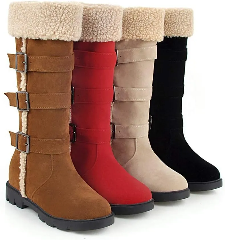 MIOKE Women's Winter Fur Mid Calf Snow Boots Waterproof Suede Buckle Quilted Slip On Wide Warm Snow Boot