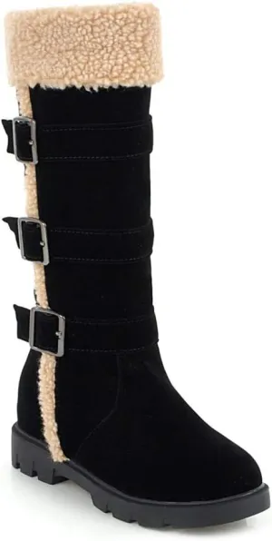 MIOKE Women's Winter Fur Mid Calf Snow Boots Waterproof Suede Buckle Quilted Slip On Wide Warm Snow Boot