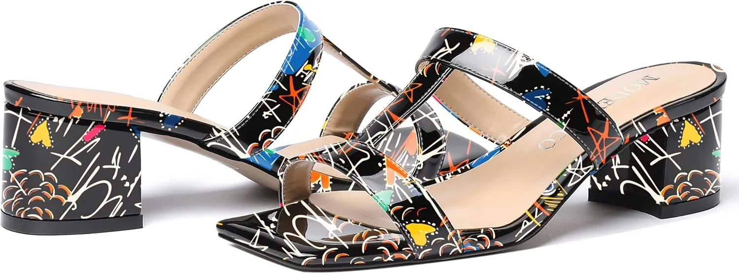 MODENCOCO Women's Slip On Casual Strap Square Toe Comfortable Patent Party Chunky Low Heel Heeled Sandals 2 Inch
