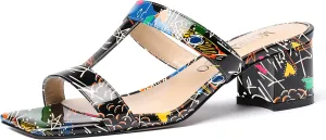 MODENCOCO Women's Slip On Casual Strap Square Toe Comfortable Patent Party Chunky Low Heel Heeled Sandals 2 Inch