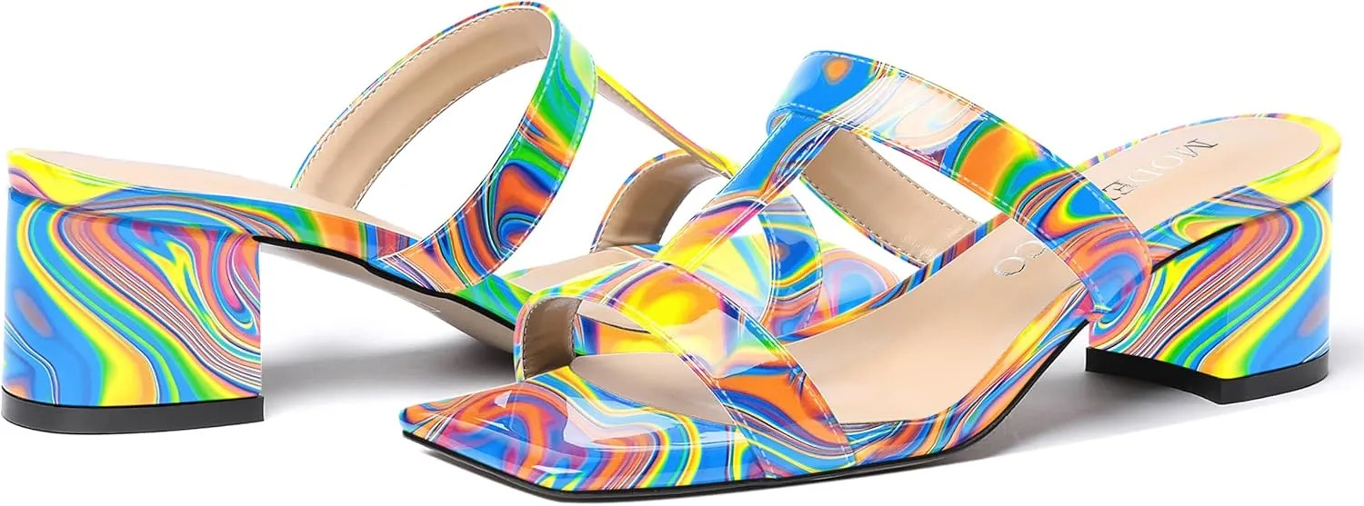 MODENCOCO Women's Slip On Casual Strap Square Toe Comfortable Patent Party Chunky Low Heel Heeled Sandals 2 Inch