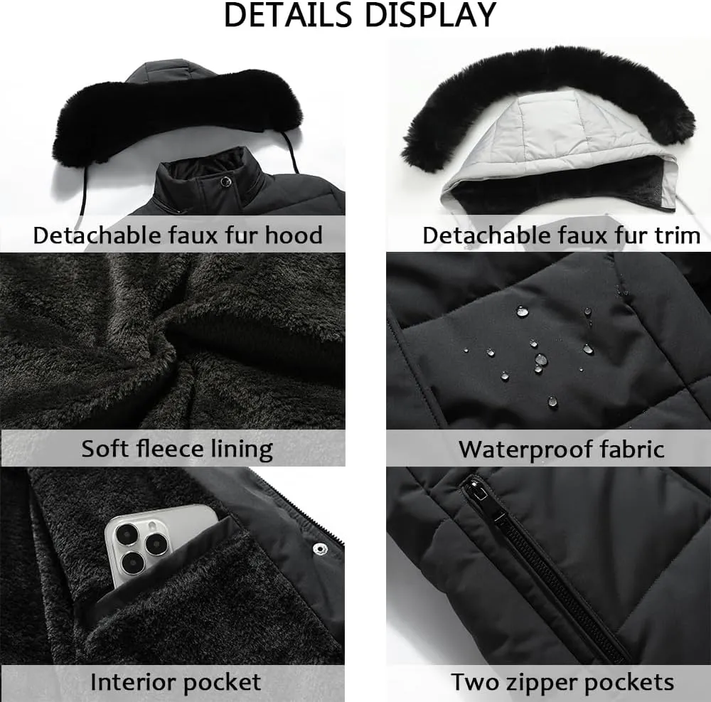 MOERDENG Women's Winter Puffer Coat Thicken Fleece Lined Down Jacket Waterproof Faux Fur Detachable Hooded Parka