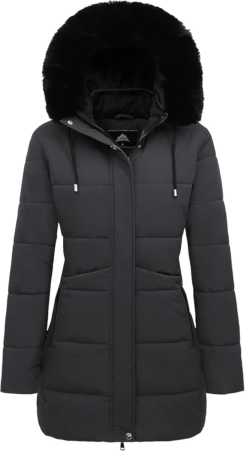 MOERDENG Women's Winter Puffer Coat Thicken Fleece Lined Down Jacket Waterproof Faux Fur Detachable Hooded Parka