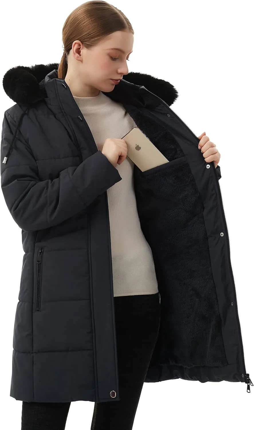 MOERDENG Women's Winter Puffer Coat Thicken Fleece Lined Down Jacket Waterproof Faux Fur Detachable Hooded Parka