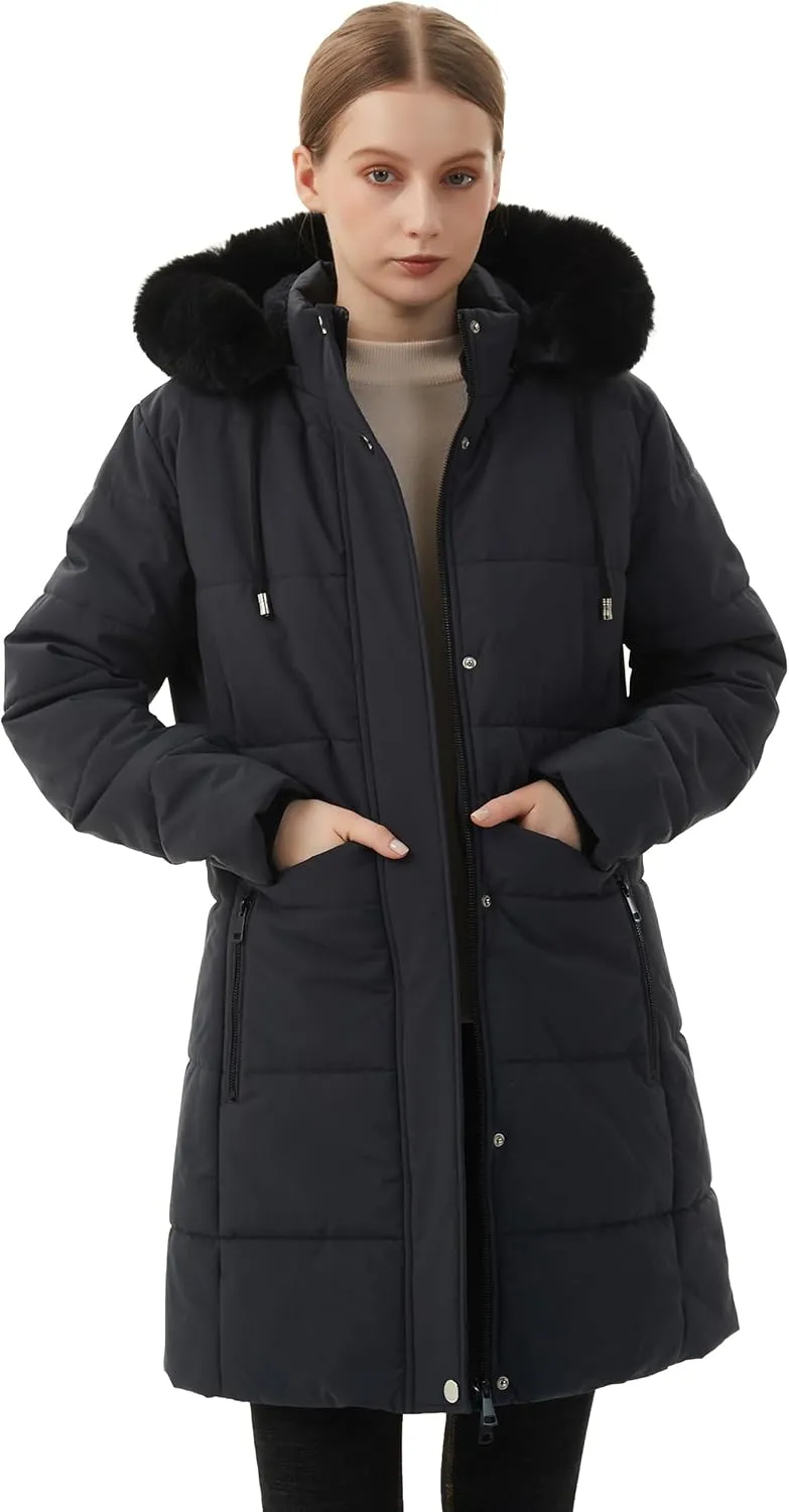 MOERDENG Women's Winter Puffer Coat Thicken Fleece Lined Down Jacket Waterproof Faux Fur Detachable Hooded Parka