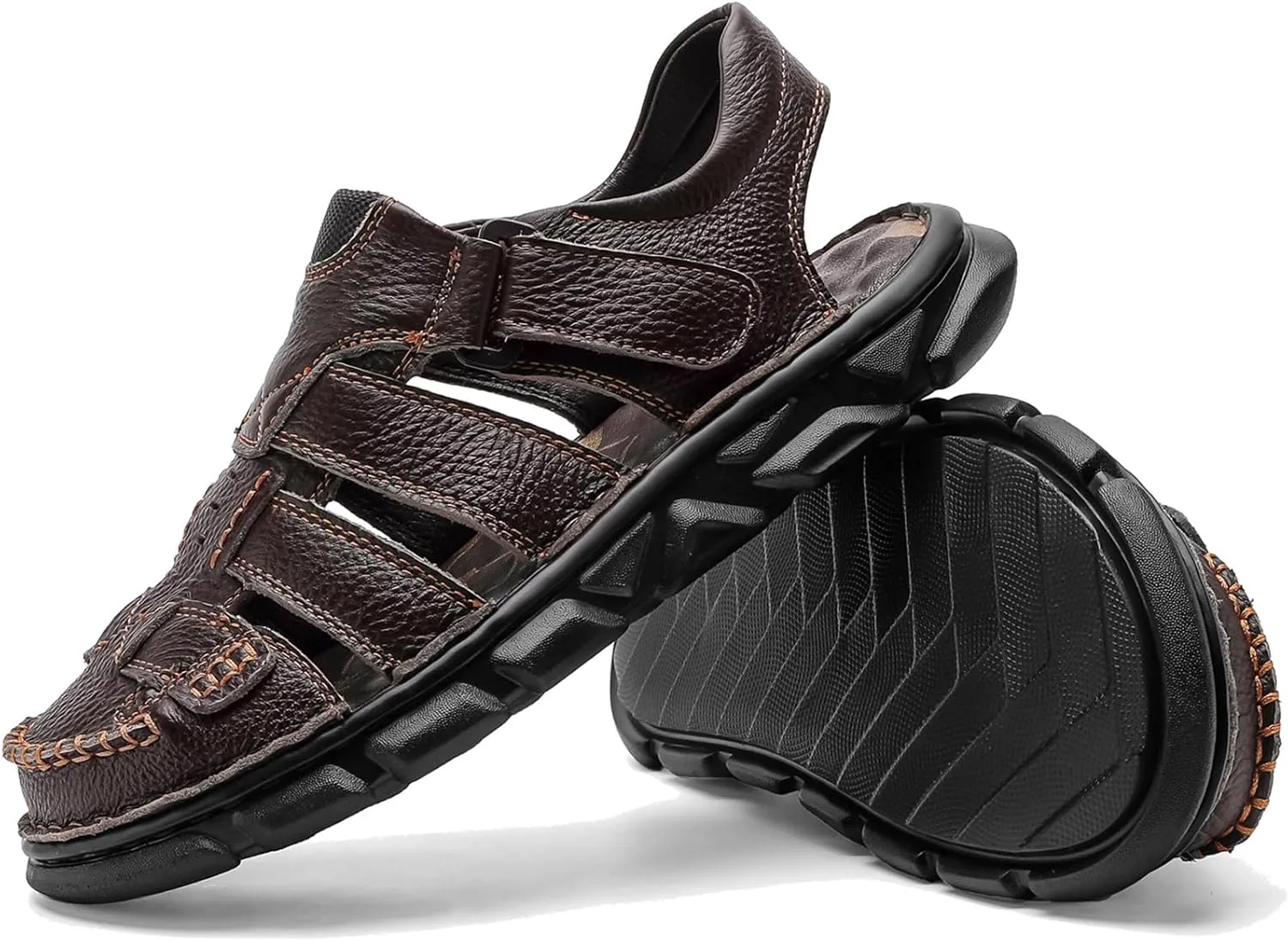 Moodeng Men's Leather Sandals Outdoor Sport Sandals Athletic Hiking Sandals Hand Sewing Comfortable Walking