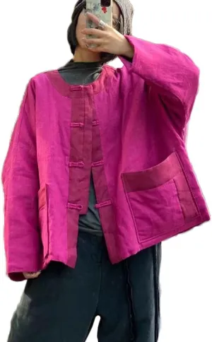 NFYM Women Quilted Lightweight Coat Round Neck Linen Padded Spring Loose Short Frog Button Jacket