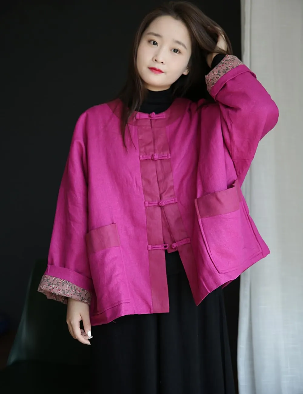 NFYM Women Quilted Lightweight Coat Round Neck Linen Padded Spring Loose Short Frog Button Jacket