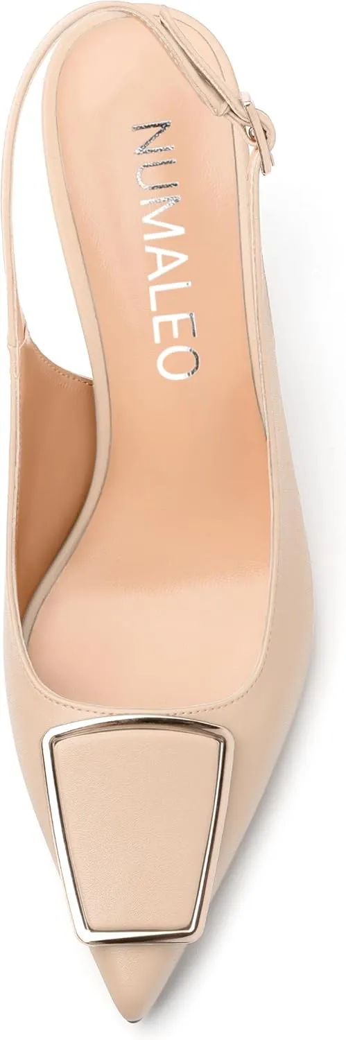 NUMALEO Slingback Heels for Women Pointed Closed Toe High Heel Stiletto Pumps Slip on Backless Metal Heeled Sandals Fashion Wedding Party Dress Shoes 3.5 Inch