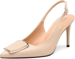 NUMALEO Slingback Heels for Women Pointed Closed Toe High Heel Stiletto Pumps Slip on Backless Metal Heeled Sandals Fashion Wedding Party Dress Shoes 3.5 Inch