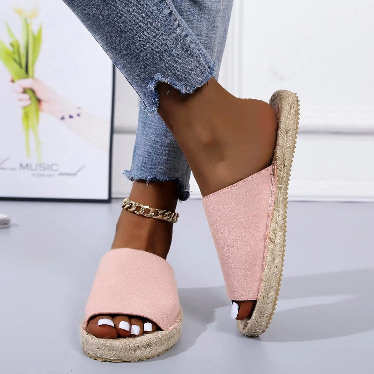 oiangi Espadrille Sandals for Women Flats Summer Casual Open Toe Slip On Slipper Lightweight Comfortable Handmade Sandals Outdoor Non-Slip Ladies Shoes