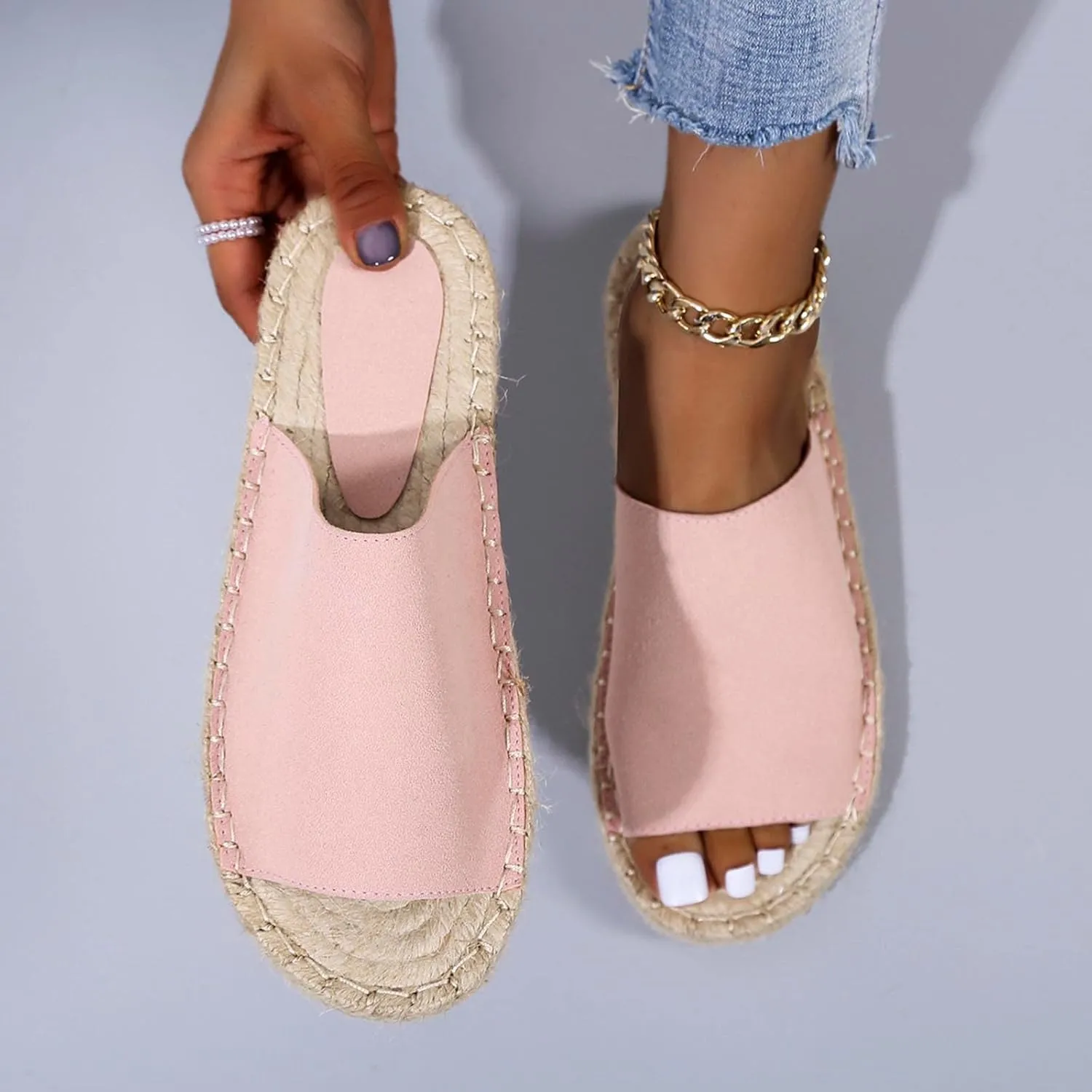 oiangi Espadrille Sandals for Women Flats Summer Casual Open Toe Slip On Slipper Lightweight Comfortable Handmade Sandals Outdoor Non-Slip Ladies Shoes