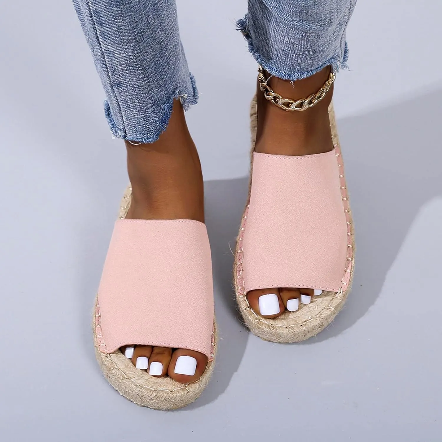 oiangi Espadrille Sandals for Women Flats Summer Casual Open Toe Slip On Slipper Lightweight Comfortable Handmade Sandals Outdoor Non-Slip Ladies Shoes