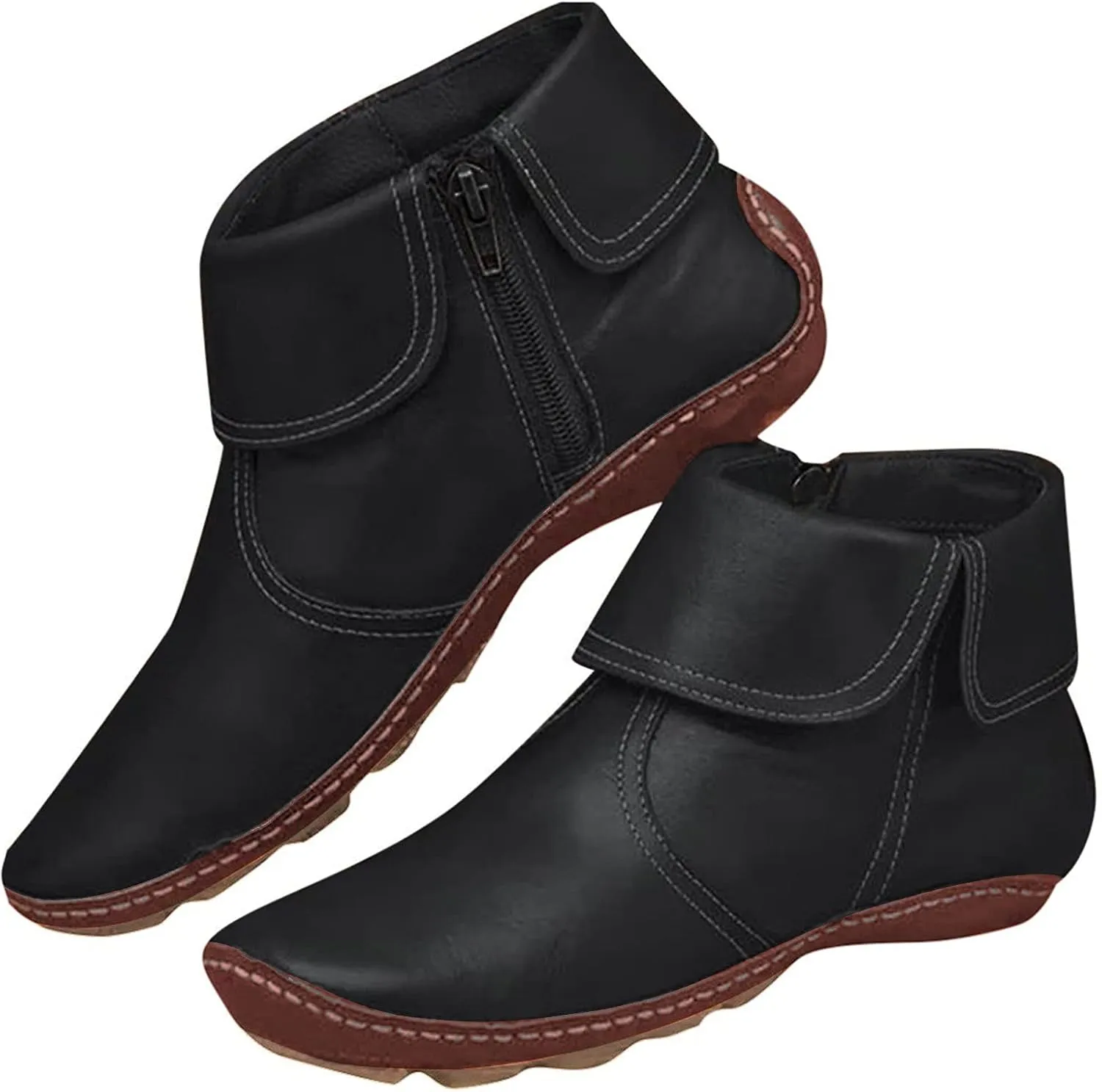 oiangi Flat Ankle Boots for Women Fahion Casual Solid Color Round Toe Quilted Zipper Non-Slip Leather Short Booties Comfy Lightweight Modern Boots Shoes