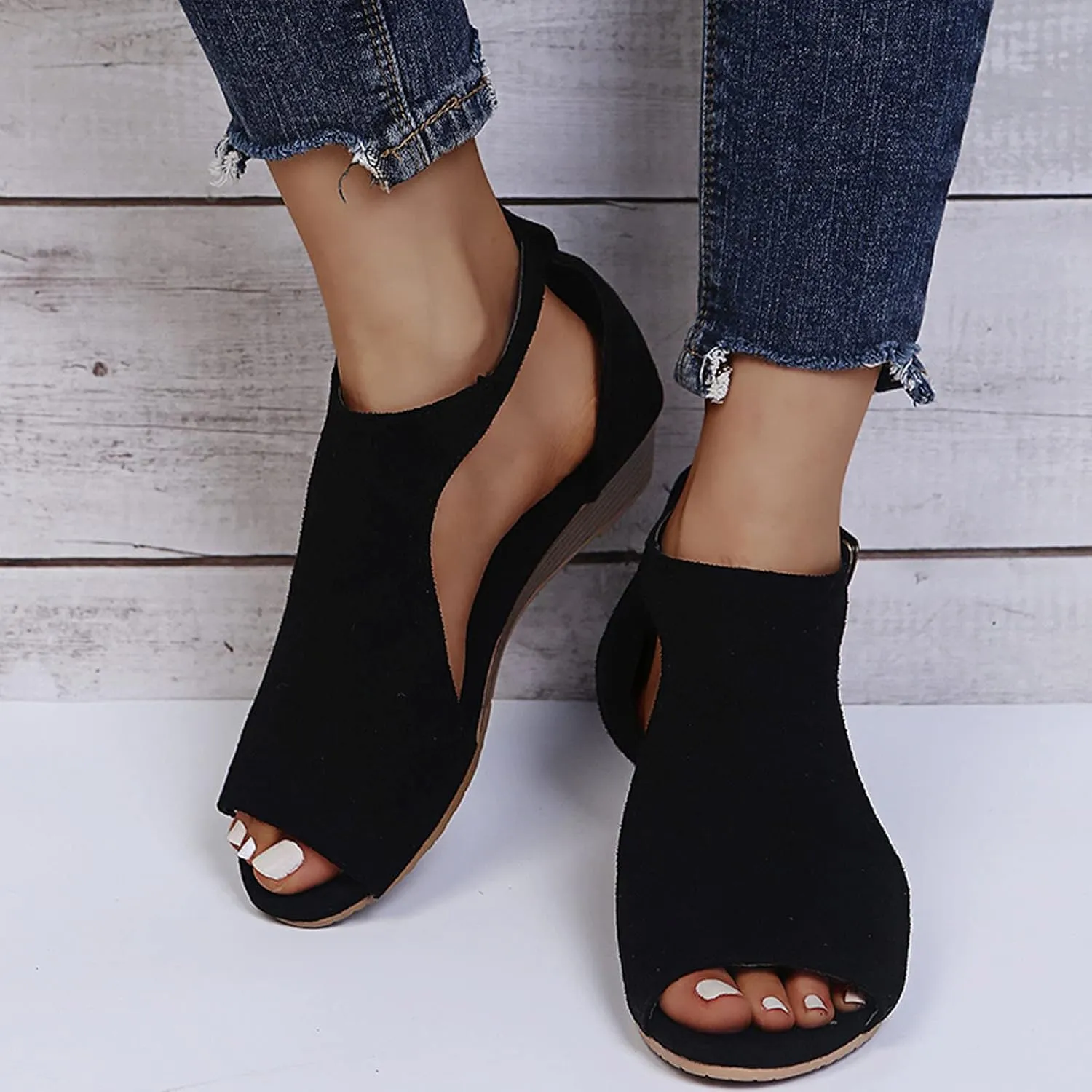oiangi Womens Wedge Sandals Casual Summer Fish Mouth Open Toe Buckle Hollow Leopard Print Flats Plus Size Comfortable Ladies Outdoor Shoes Sandalias