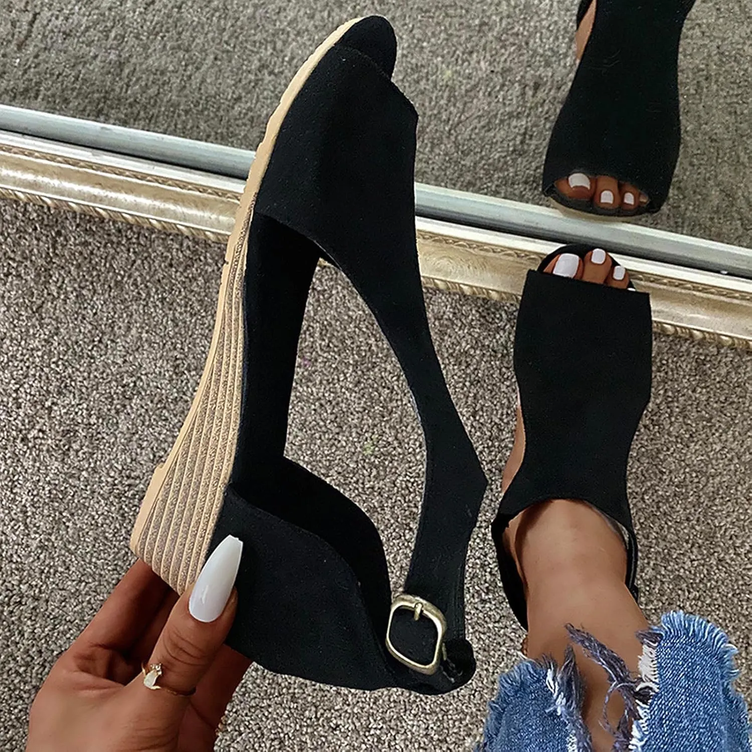 oiangi Womens Wedge Sandals Casual Summer Fish Mouth Open Toe Buckle Hollow Leopard Print Flats Plus Size Comfortable Ladies Outdoor Shoes Sandalias