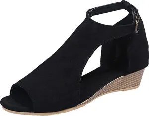 oiangi Womens Wedge Sandals Casual Summer Fish Mouth Open Toe Buckle Hollow Leopard Print Flats Plus Size Comfortable Ladies Outdoor Shoes Sandalias