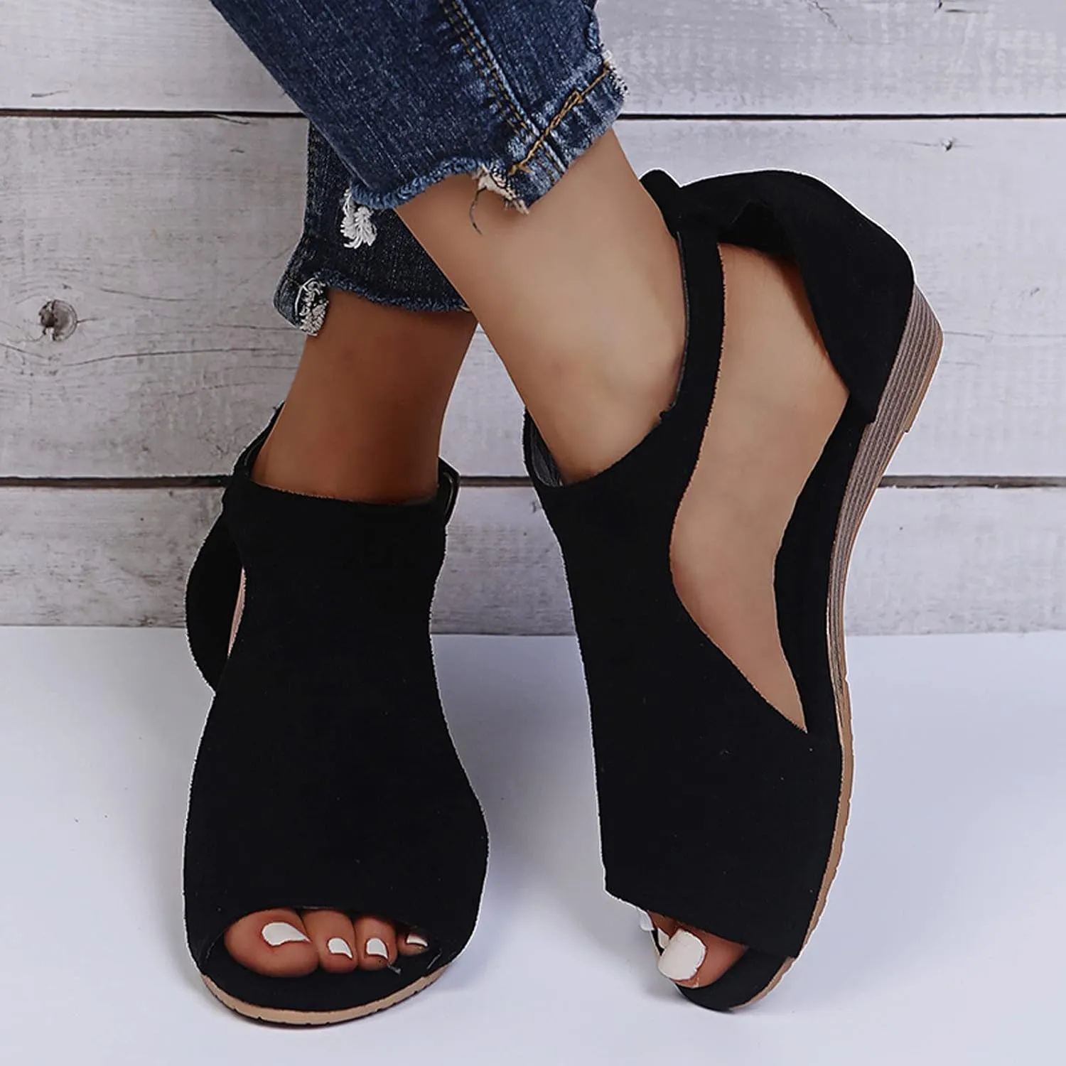 oiangi Womens Wedge Sandals Casual Summer Fish Mouth Open Toe Buckle Hollow Leopard Print Flats Plus Size Comfortable Ladies Outdoor Shoes Sandalias