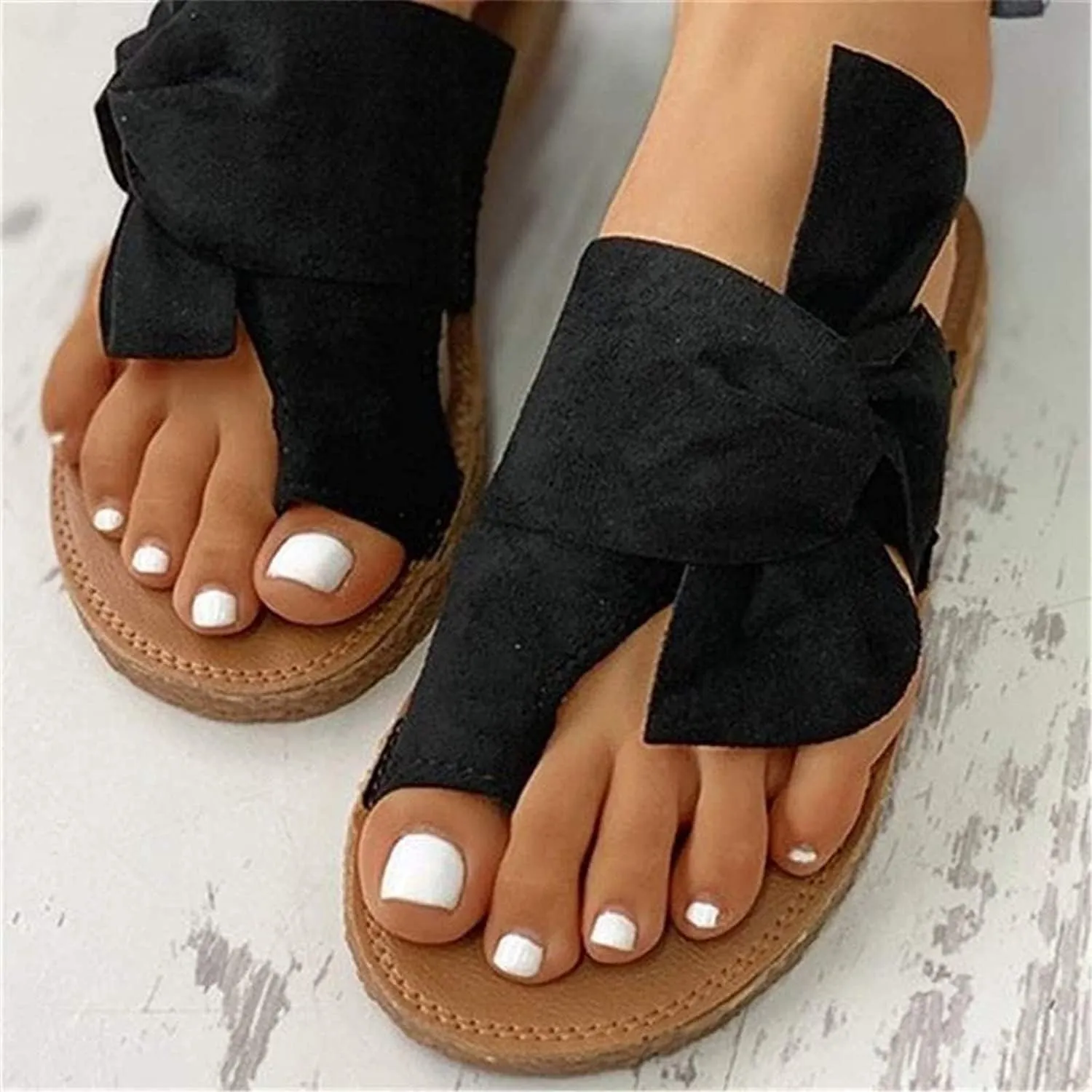 Open Toe Sandal with Arch Support,Women Orthopedic Bunion Corrector,Casual PU Leather Big Toe Correction Sandals,for Beach Travel Summer,Black,37