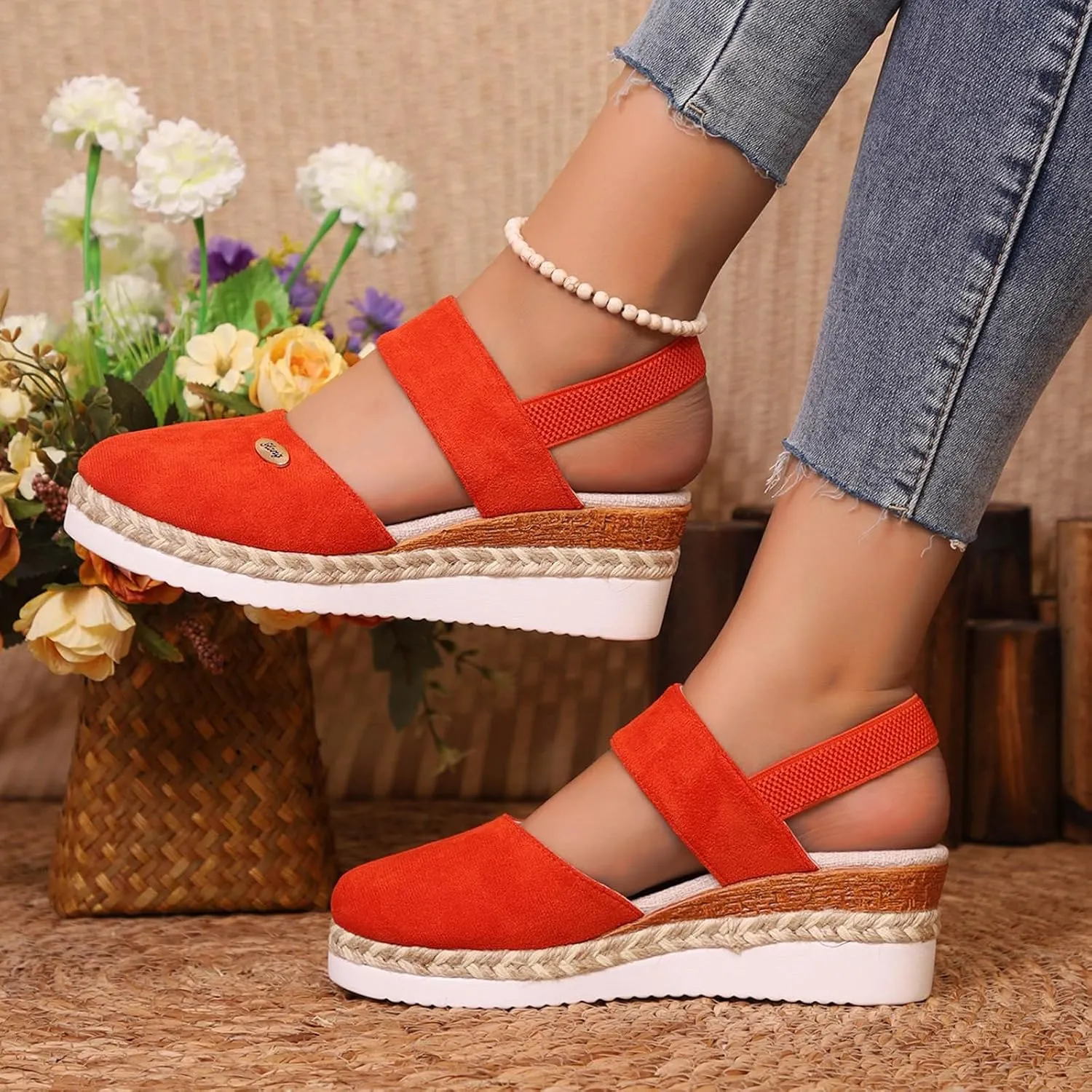 Orthopedic Platform Wedge Sandals for Women Summer Dressy 2025,Women's Retro Closed Toe Platform Ankle Elastic Strap Wedges