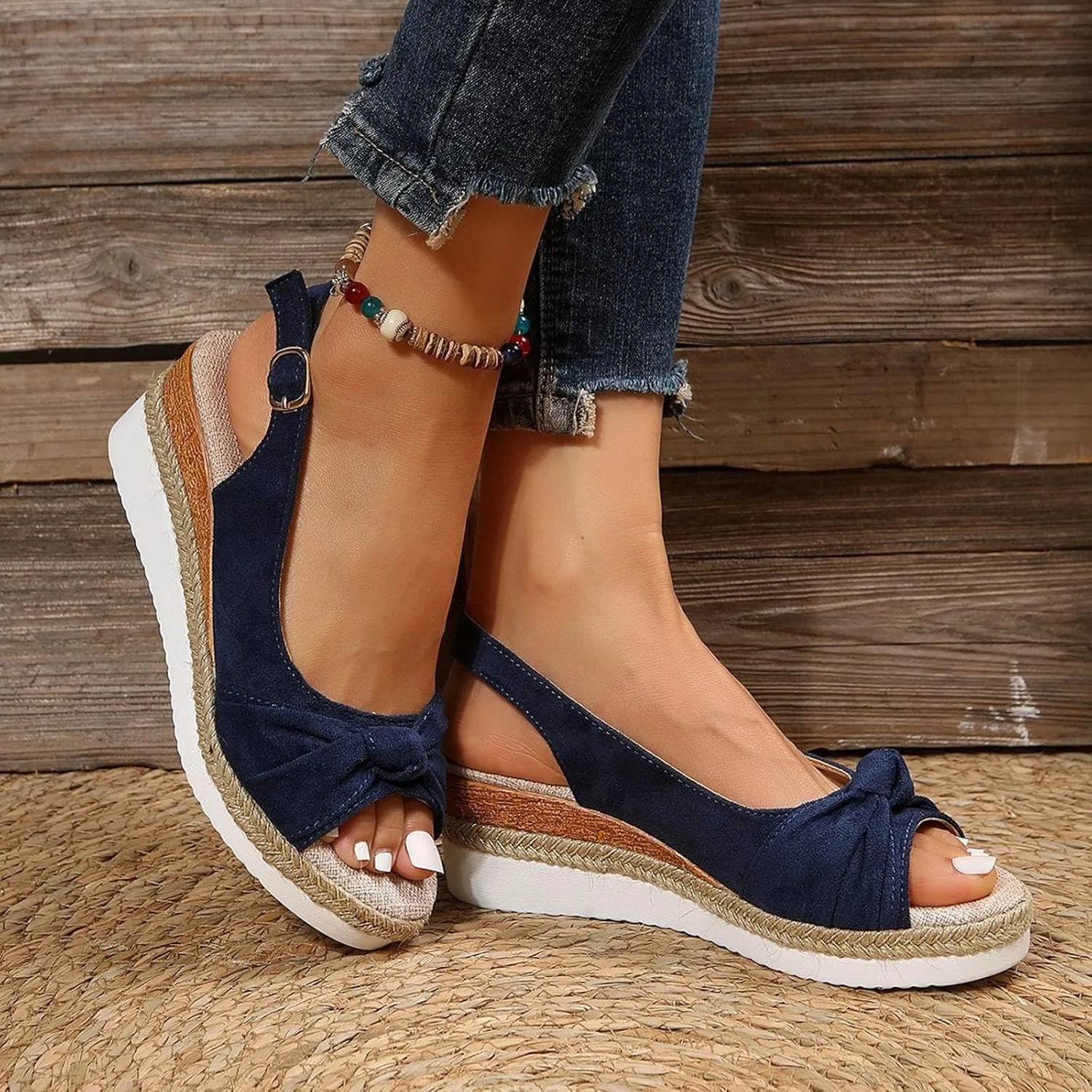 Orthopedic Sandals for Women 2025 Summer Stylish Wedge Open Toe Ankle Strap Slip Platform Sandals Comfortable Casual Bowknot Beach Slippers Shoes with Arch Support