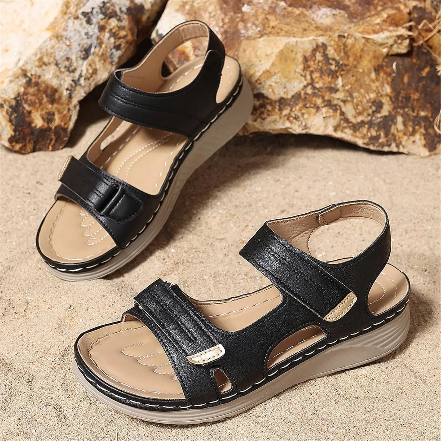 Orthopedic Sandals for Women Summer Fashion Comfortable Slides Wedge Sandals Hook and Loop Fastener Ankle Strap Sandal Womens Walking Shoe