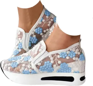 Orthopedic Shoes for Women 2025,Floral Embroidery Breathable Sheer Mesh Lace Sneakers Slip on Platform Wedges Dressy Casual Walking Sandals