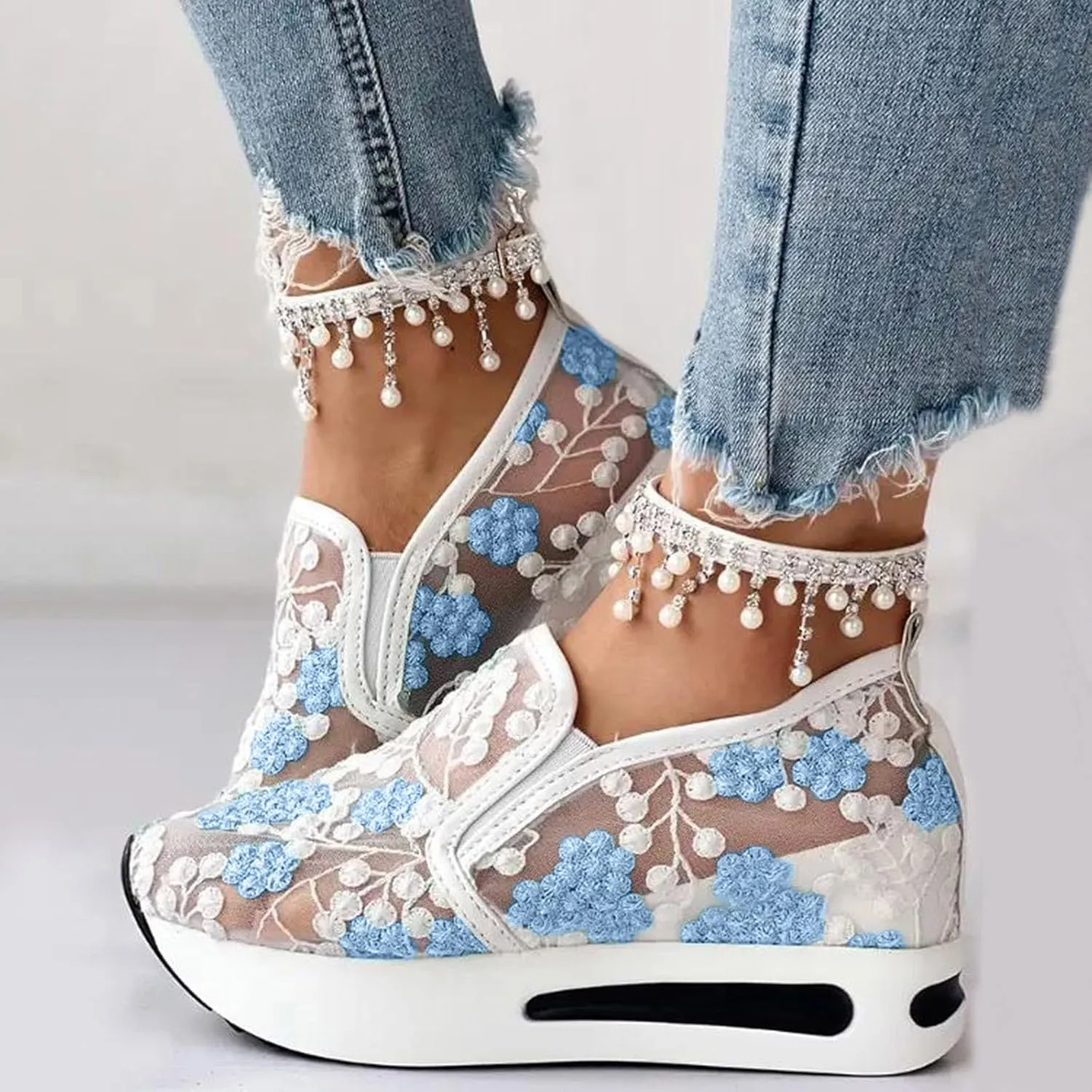 Orthopedic Shoes for Women 2025,Floral Embroidery Breathable Sheer Mesh Lace Sneakers Slip on Platform Wedges Dressy Casual Walking Sandals