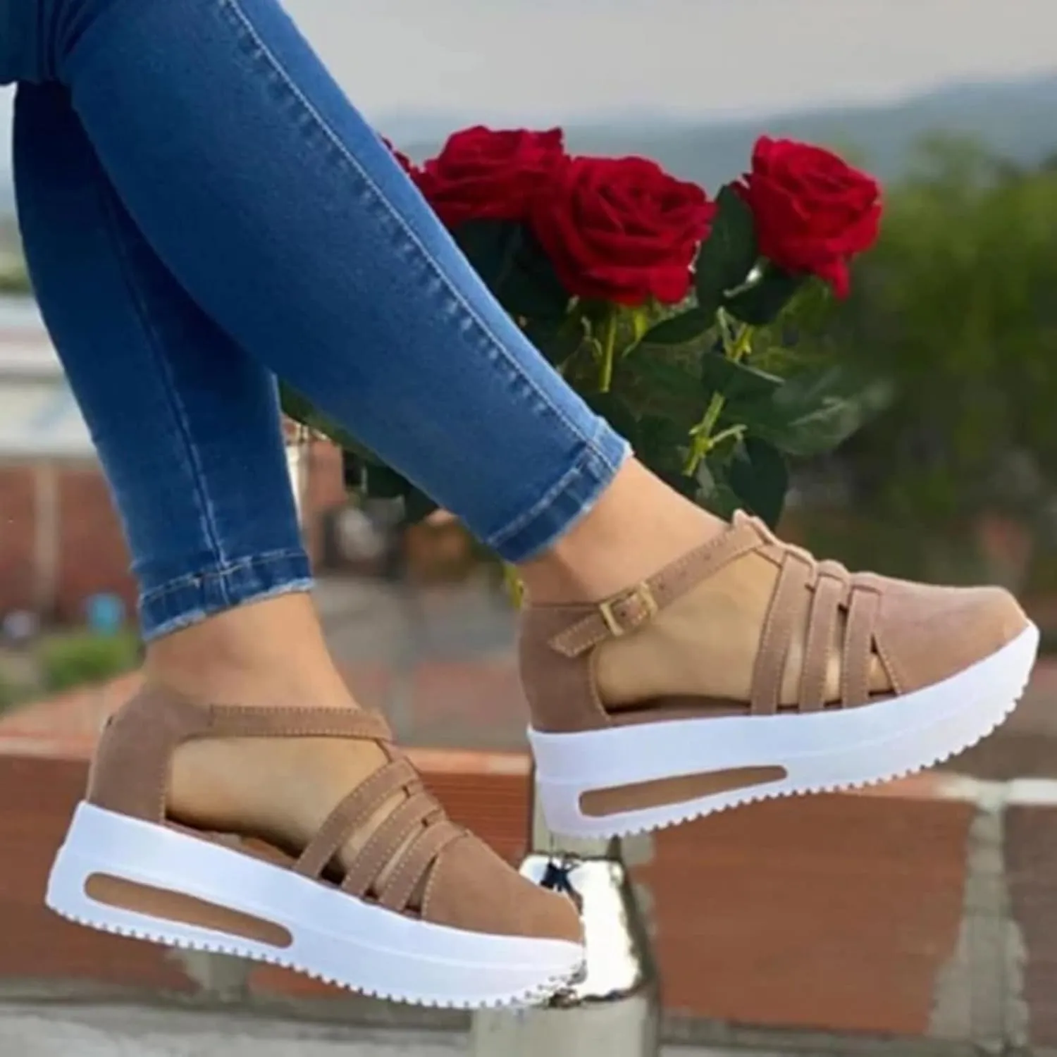 Orthopedic Wedge Sandals for Women Summer Dressy Closed Toe Ankle Strap Platform Sneakers Cutout Low Wedges Slip on Sandals buckle Dressy Shoes Comfortable Outdoor Shoes